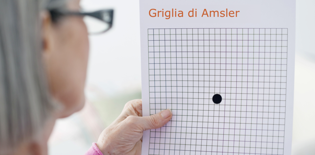 dryAMD.eu Una donna che indossa occhiali da lettura esegue un test della griglia di Amsler.