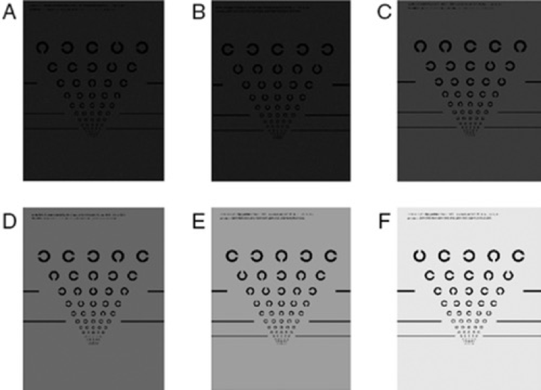 dryAMD.eu Diagramme oculaire avec différents filtres pour mesurer l'acuité visuelle à faible luminosité.